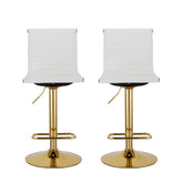 Set of Two White And Gold Faux Leather And Metal Low Back Adjustable Height Bar Chairs